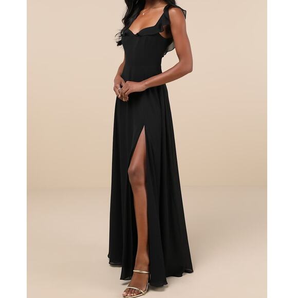 Lulus NWT Dreamy Admiration Black Ruffled Sweetheart Chiffon Maxi Dress Large - Picture 2 of 11